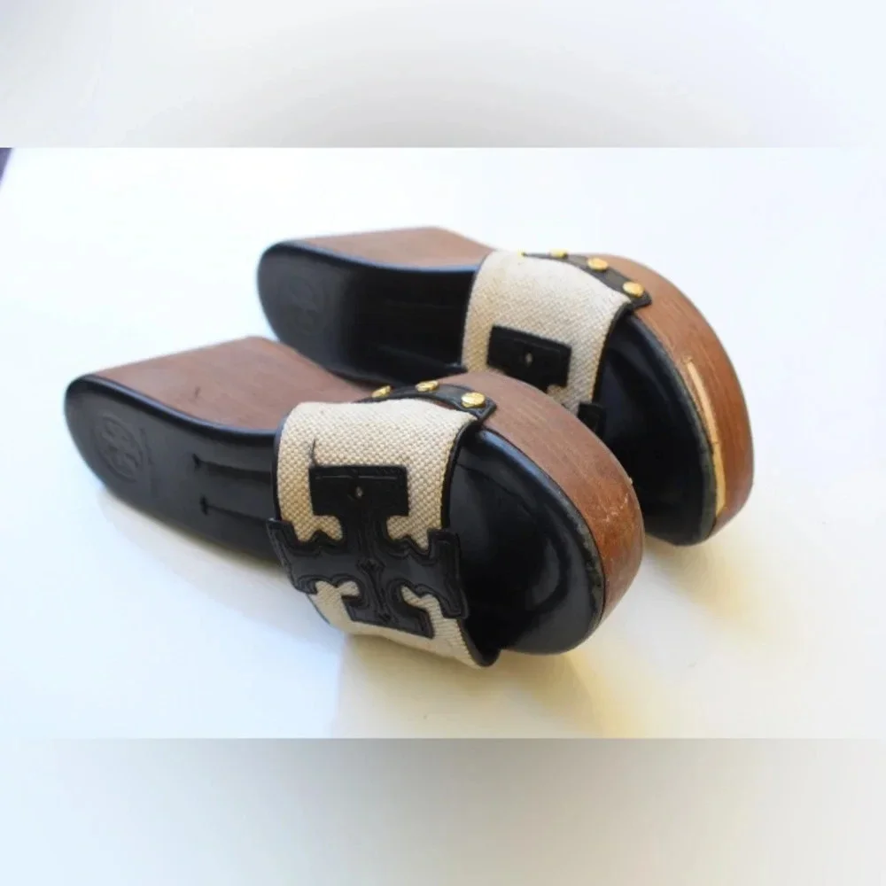 Tory Burch Black Leather and Beige Canvas Wedge Sandals